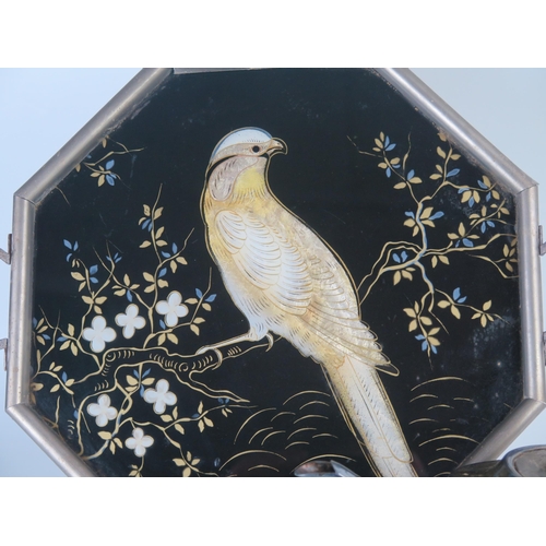 669 - An Oriental octagonal tray with reverse painted bird decoration, 33cm wide. and a plated teapot.