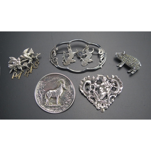 71 - Five Silver or White Metal Brooches, 46.6g