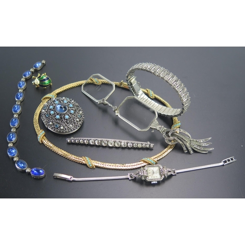 76 - A Grossé Gilt Costume Necklace, marcasite mounted lorgnette, paste brooch, etc.