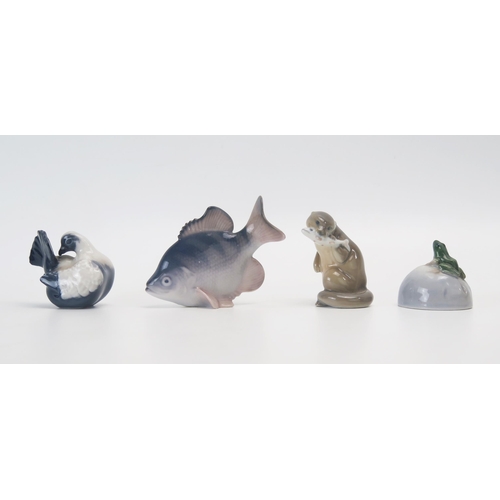 1002 - Four Royal Copenhagen porcelain, miniature animals including otter 5cm high, dove, frog and fish. (4... 