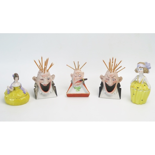 1005 - Three Schafer & Vater bisque porcelain humorous vesta holders in the form of grimacing heads, anothe... 