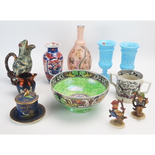 1015 - A collection of assorted ceramic wares including Imari vase, sponge decorated frog jug, Carlton ware... 