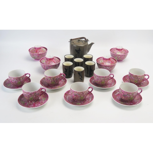 1023 - A Japanese pottery part tea service and a collection of Chinese porcelain rice bowl and covers, tea ... 