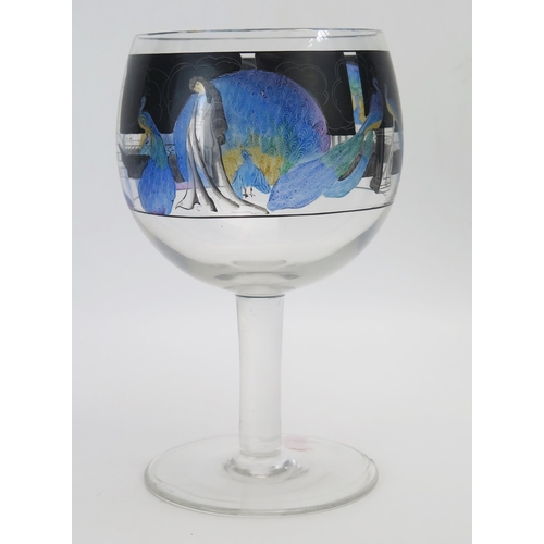 1051 - Vedar, an Art Deco enamelled glass goblet by Vetri Della Arte, decorated with a band of peacocks and... 