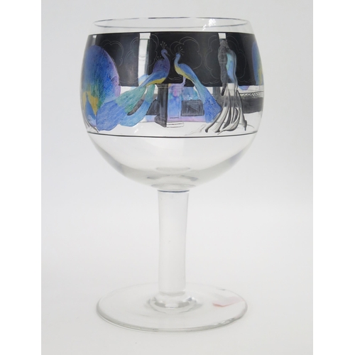 1051 - Vedar, an Art Deco enamelled glass goblet by Vetri Della Arte, decorated with a band of peacocks and... 