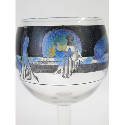 1051 - Vedar, an Art Deco enamelled glass goblet by Vetri Della Arte, decorated with a band of peacocks and... 