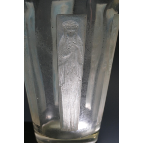 1056 - Lalique, a six figurine celery vase, of tapering cylindrical form with six panels of low relief maid... 