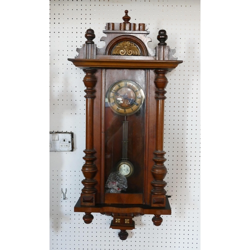 1064 - A late Victorian regulator style wall clock, with 14cm roman dial, the circular movement striking to... 