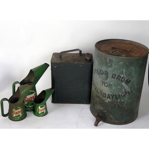 1065 - Three graduated Castrol oil jugs, Royal Daylight oil drum and a 'Pratts' petrol can.