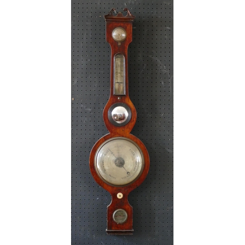 1066 - P. Courti, Exeter, a rosewood wheel barometer, with broken swan neck pediment with hygrometer, therm... 