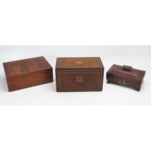 1089 - A 19th century walnut and inlaid two division tea caddy, a walnut box and one other. (3)