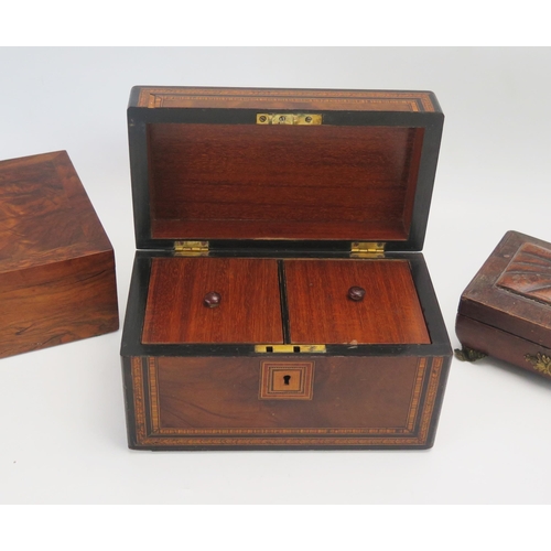 1089 - A 19th century walnut and inlaid two division tea caddy, a walnut box and one other. (3)