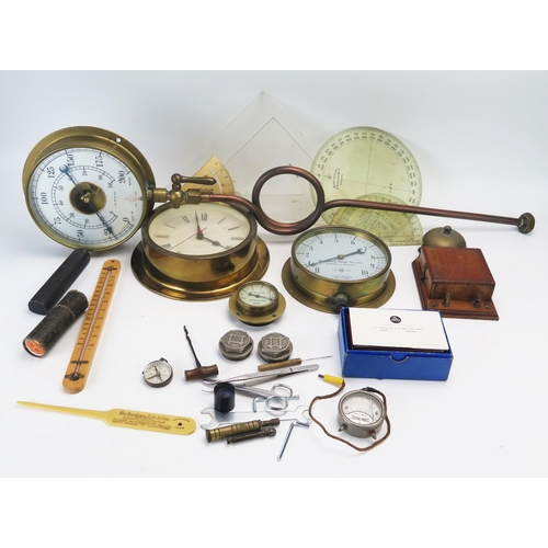 1091 - Two brass pressure gauges, a wall clock, drawing instruments etc.