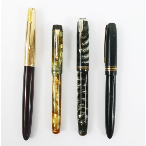 1094 - Four 1930's-50's fountain pens, includes Swan Blackbird, Parker 51, Parker Vacumite and a Valentine ... 