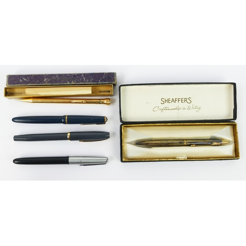 1095 - A rolled gold Eversharp propelling pencil, fountain pens by Parker and Sheaffers together with a bal... 