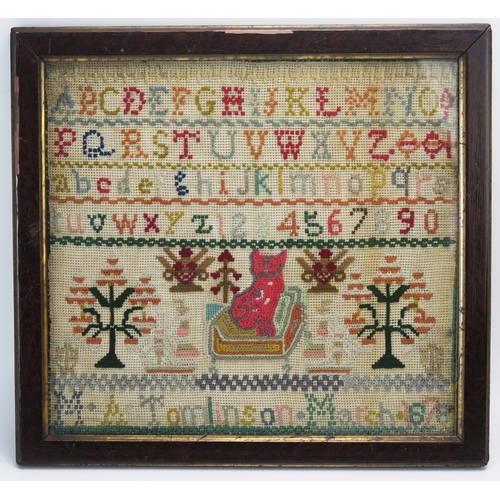 1111 - A late Victorian wool work sampler, with upper and lower case alphabets, cat, trees, worked by M A T... 