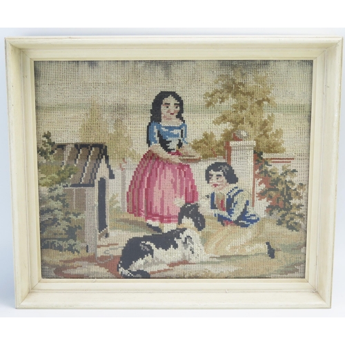 1112 - A 19th century gros point wool work  of a boy and girl playing with a dog, 25.5cm x 31cm F & G.