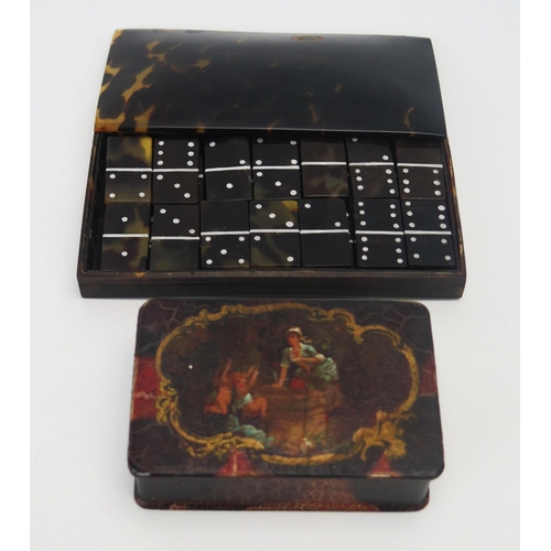 1130 - A set of tortoiseshell dominoes contained in a tortoiseshell box, 13cm wide, a lacquered box with fi... 