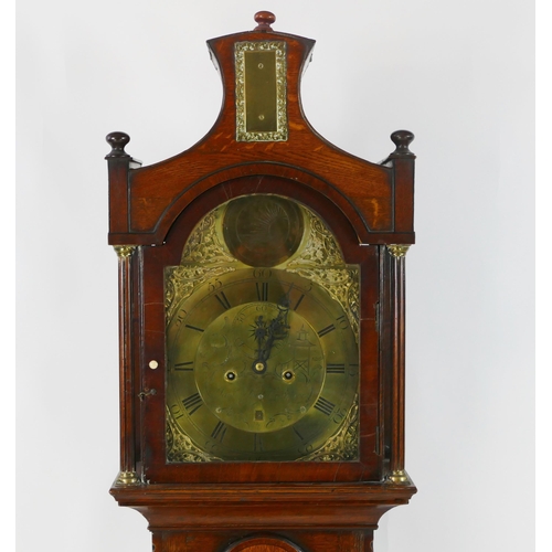 1133 - James Smith, Lynn, a late 18th century oak longcase clock, with ached hood having fluted columns, th... 