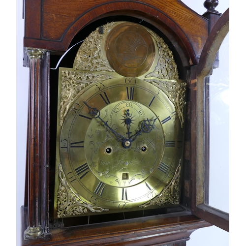 1133 - James Smith, Lynn, a late 18th century oak longcase clock, with ached hood having fluted columns, th... 