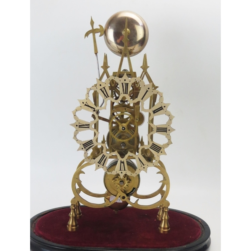 1136 - A late 19th century brass skeleton clock, the steeple cage, with three spires, with pierced 16cm Rom... 