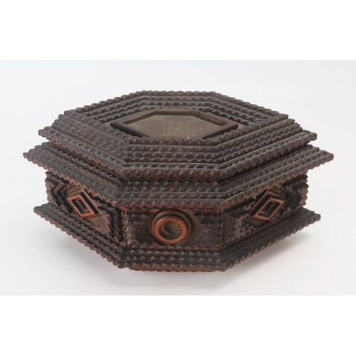 1139 - A tramp art casket of lozenge-shaped outline, the hinged lid enclosing an oval mirror panel and mate... 