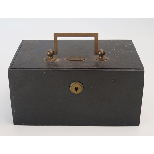 1142 - A Mordan & Co, steel safety box of rectangular outline,  with brass hinged lid, (lacks key). 20cm wi... 