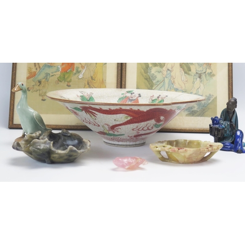 1165 - A Chinese crackle glaze bowl, decorated with immortals, 28cm diameter, (A/F), two soapstone dishes, ... 