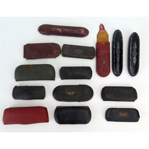 1182 - A collection of assorted spectacle cases including papier mache, leather and steel cases.