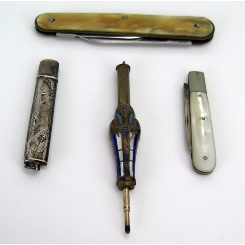 1183 - A white metal and enamel propelling pencil in the form of an Egyptian sarcophagus, two folding pen k... 