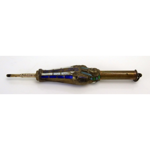 1183 - A white metal and enamel propelling pencil in the form of an Egyptian sarcophagus, two folding pen k... 