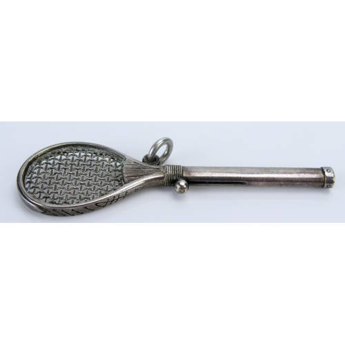 1183A - S. Mordan & Co, a white metal novelty propelling pencil in the form of a real tennis racket, 7.5cm l... 