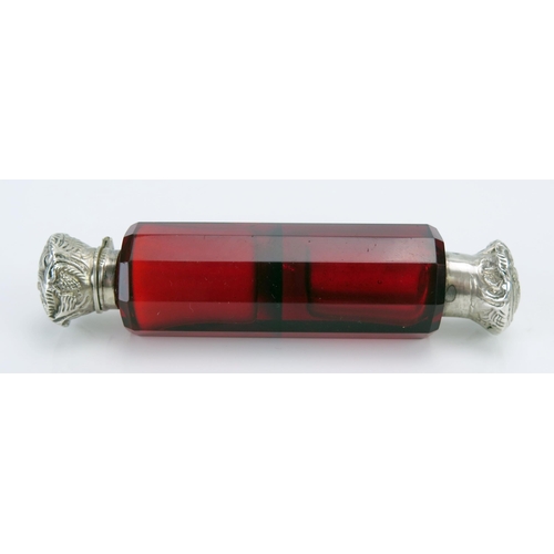 1186 - A late Victorian ruby glass double ended scent bottle, with white metal, 10.5cm