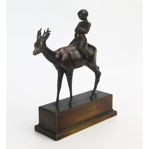 1193 - K R Muhlberger, bronze study of Pan seated on the back of a stag, raised on a rectangular plinth bas... 