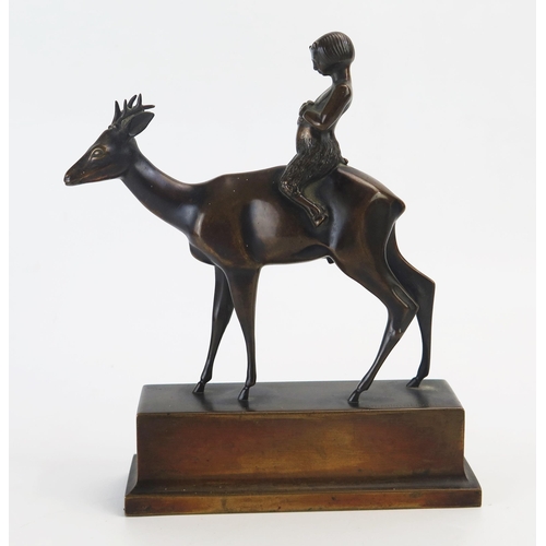 1193 - K R Muhlberger, bronze study of Pan seated on the back of a stag, raised on a rectangular plinth bas... 