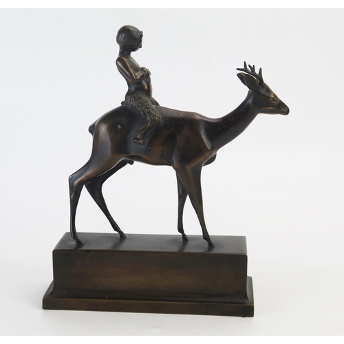 1193 - K R Muhlberger, bronze study of Pan seated on the back of a stag, raised on a rectangular plinth bas... 