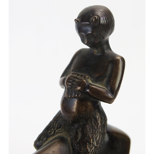 1193 - K R Muhlberger, bronze study of Pan seated on the back of a stag, raised on a rectangular plinth bas... 