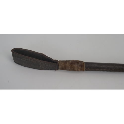 1199 - A leather bound riding crop with silver horse head handle, 62cm long.