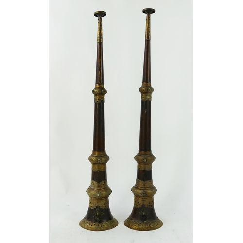 1234 - A Pair of Dungchen (Tibetan Horns) in 3 parts with pierced brass decoration, 80cm (33cm collapsed)