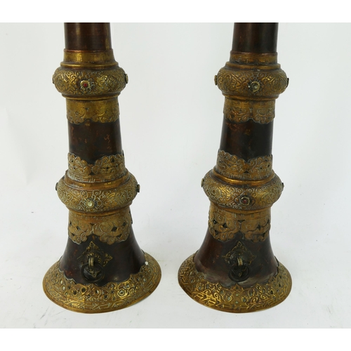 1234 - A Pair of Dungchen (Tibetan Horns) in 3 parts with pierced brass decoration, 80cm (33cm collapsed)