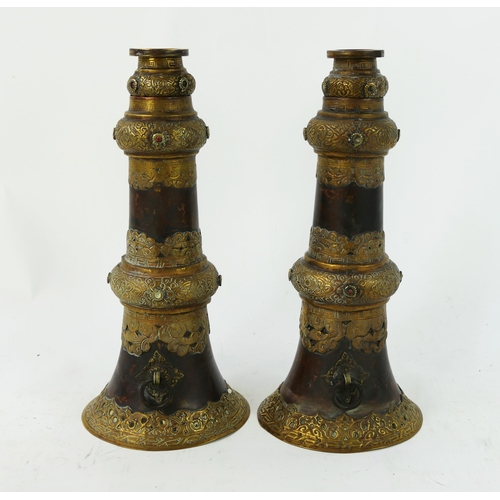 1234 - A Pair of Dungchen (Tibetan Horns) in 3 parts with pierced brass decoration, 80cm (33cm collapsed)