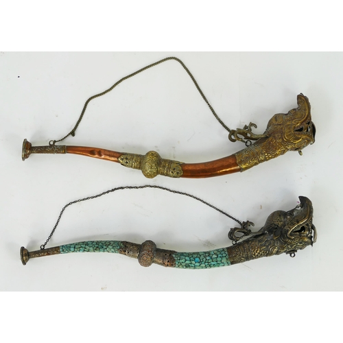 1235 - Two Buddhist Ritual Tibetan Ceremonial Dragon Horns, one with lapis lazuli ornamentation and remnant... 