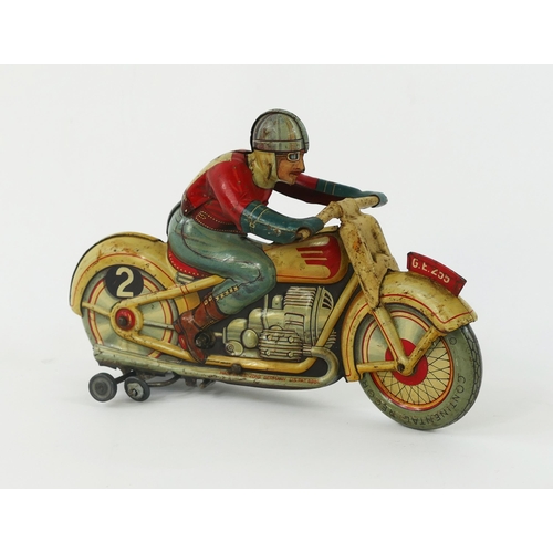 1246 - Technofix G.E. 255 Tinplate Clockwork Motorcycle with rider, in white with red detailing, RN 