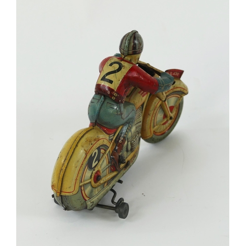 1246 - Technofix G.E. 255 Tinplate Clockwork Motorcycle with rider, in white with red detailing, RN 