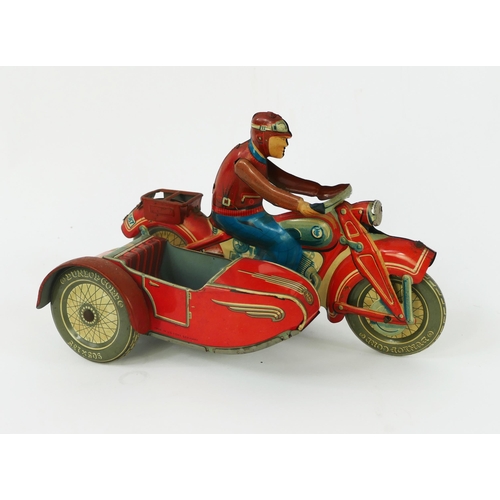 1247 - Scarce Tippco (Tipp & Co) T 587 Tinplate Clockwork Motorcycle with Sidecar Motorcycle in bright red ... 