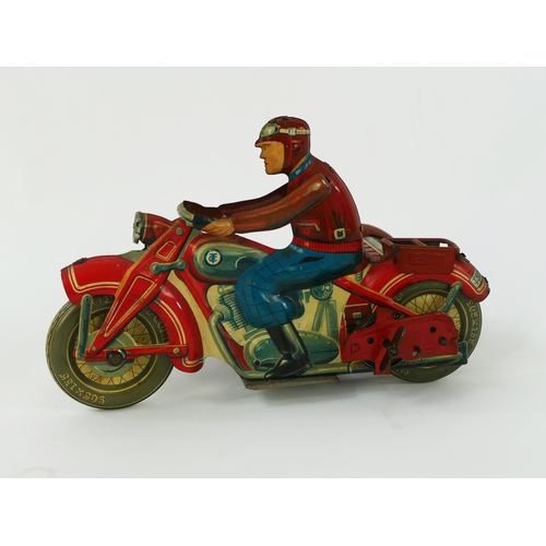 1247 - Scarce Tippco (Tipp & Co) T 587 Tinplate Clockwork Motorcycle with Sidecar Motorcycle in bright red ... 