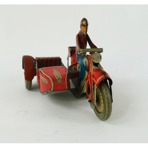 1247 - Scarce Tippco (Tipp & Co) T 587 Tinplate Clockwork Motorcycle with Sidecar Motorcycle in bright red ... 