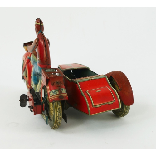 1247 - Scarce Tippco (Tipp & Co) T 587 Tinplate Clockwork Motorcycle with Sidecar Motorcycle in bright red ... 