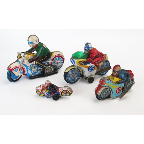 1249 - Four Japanese and Chinese made Tinplate Motorcycles including Moto and possibly Yone (longest 18.5cm... 