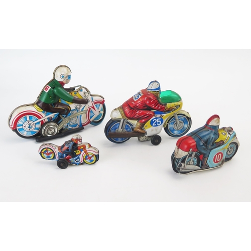 1249 - Four Japanese and Chinese made Tinplate Motorcycles including Moto and possibly Yone (longest 18.5cm... 